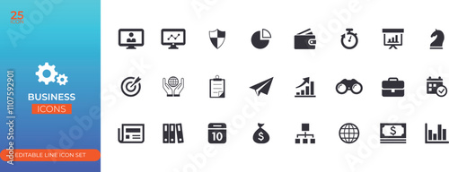 Business Editable Icon Set is a collection of versatile, vector-based line icons tailored for representing various business concepts.