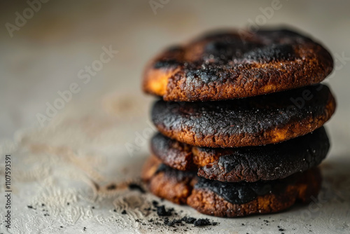 A stack of overcooked, burnt cookies on a dark slate surface, highlighting a baking mishap with a charred appearance. photo