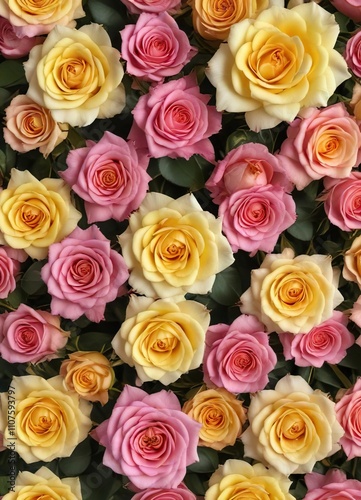 Pink and yellow roses arranged in a seamless pattern, feminine, summer