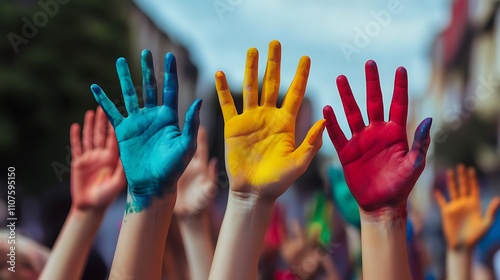 Individuals with colorful hands during a community event or urban activation project