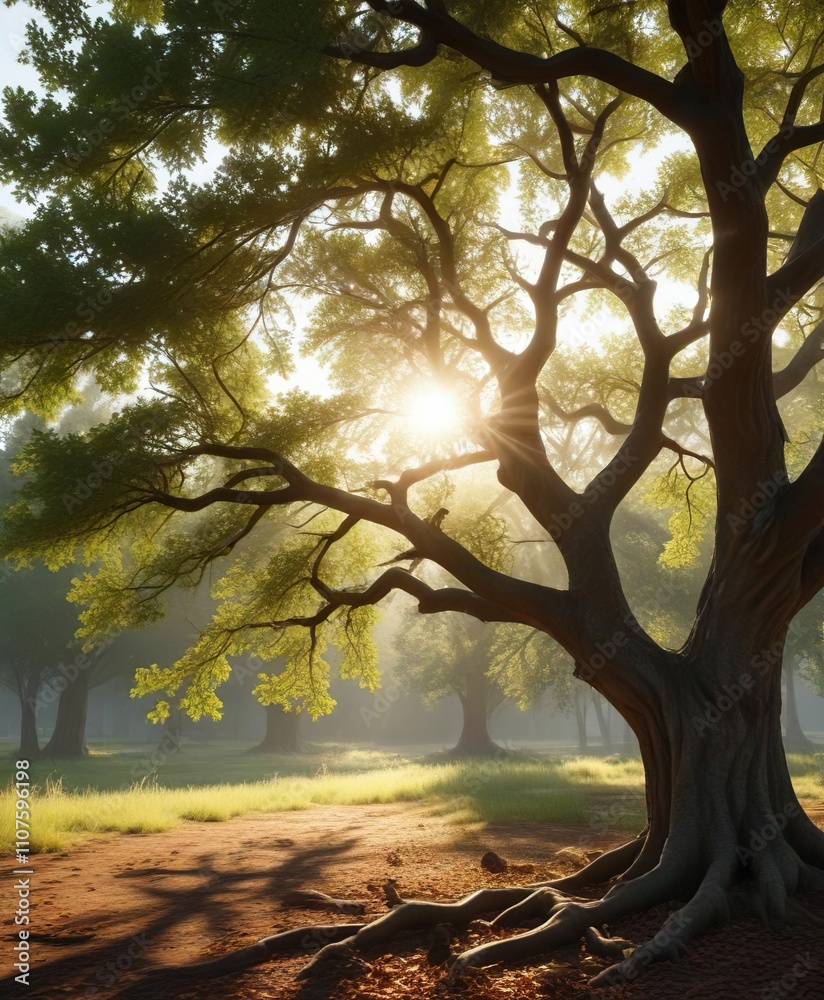 Fototapeta premium Morning sunlight illuminating oak tree branches and leaves, sunlit forest, natural wonder, nature photography