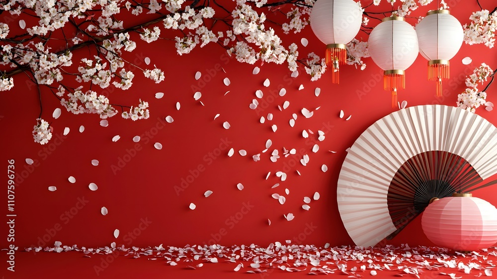 Obraz premium Chinese traditional folding fan and falling plum blossoms, New Year background