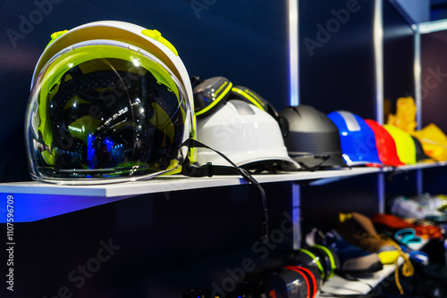 Multi-colored protective helmets for engineers, builders, workers of the oil and gas industry, for handymen in the shop window, at exhibitions. Compliance with safety regulations photo