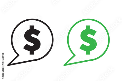 Comment dollar icon set. money marketing bubble vector symbol. price dollar dialogue sign in black filled and outlined style.