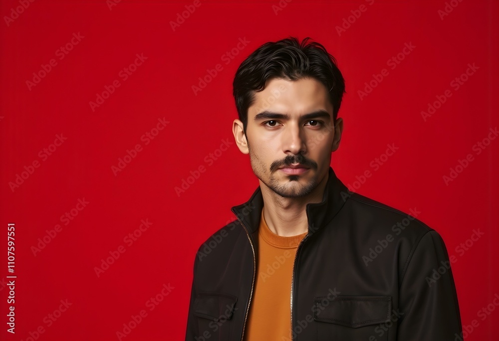 Obraz premium Caucasian man with mustache standing over red background relaxed with serious expression on face. simple and natural looking at the camera. 