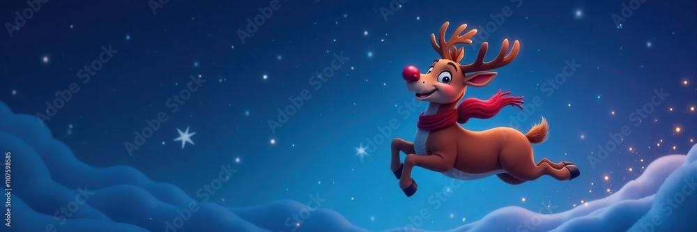Fototapeta premium Cute Reindeer Flying in Winter Night Sky Christmas Holiday Illustration