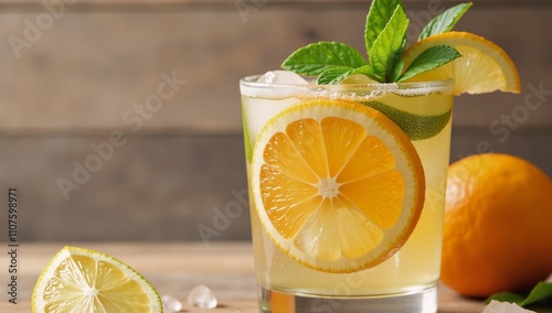 A refreshing citrus cocktail featuring ice and mint garnish Mixed drink photo