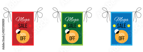 Mega Sale Banner with Ribbons Different Colors Set. Retail business and purchase services with discount vector art