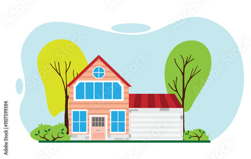 Private House with a Garage Bushes and Trees Flat Style. Architecture and rural area life vector art