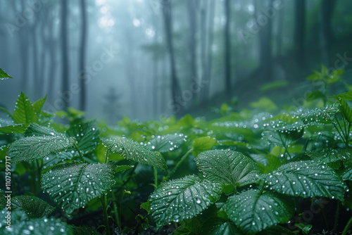 forest landscape, focusing on green leaves with dew drops. The leaves are bright green, covered with many small drops of water, sparkling in the light.  photo