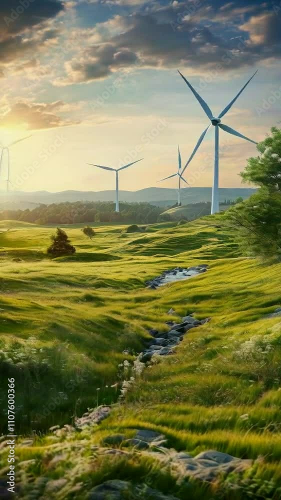 Scenic landscape featuring wind turbines, green fields, and a gentle stream under a sunset. Scenic landscape featuring wind turbines, green fields, and a gentle stream under a sunset.