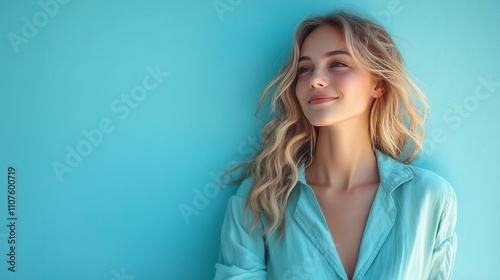 A Fashionable Woman With Soft Waves Smiles Softly, Wearing a Light Blue Shirt