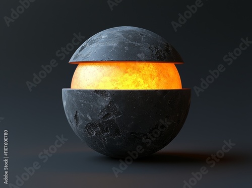 This contemporary 3D black and gold background showcases a solitary golden sphere hidden within a black hemispherical shell, with isolated objects arranged in a stack, characterized by a clean and photo