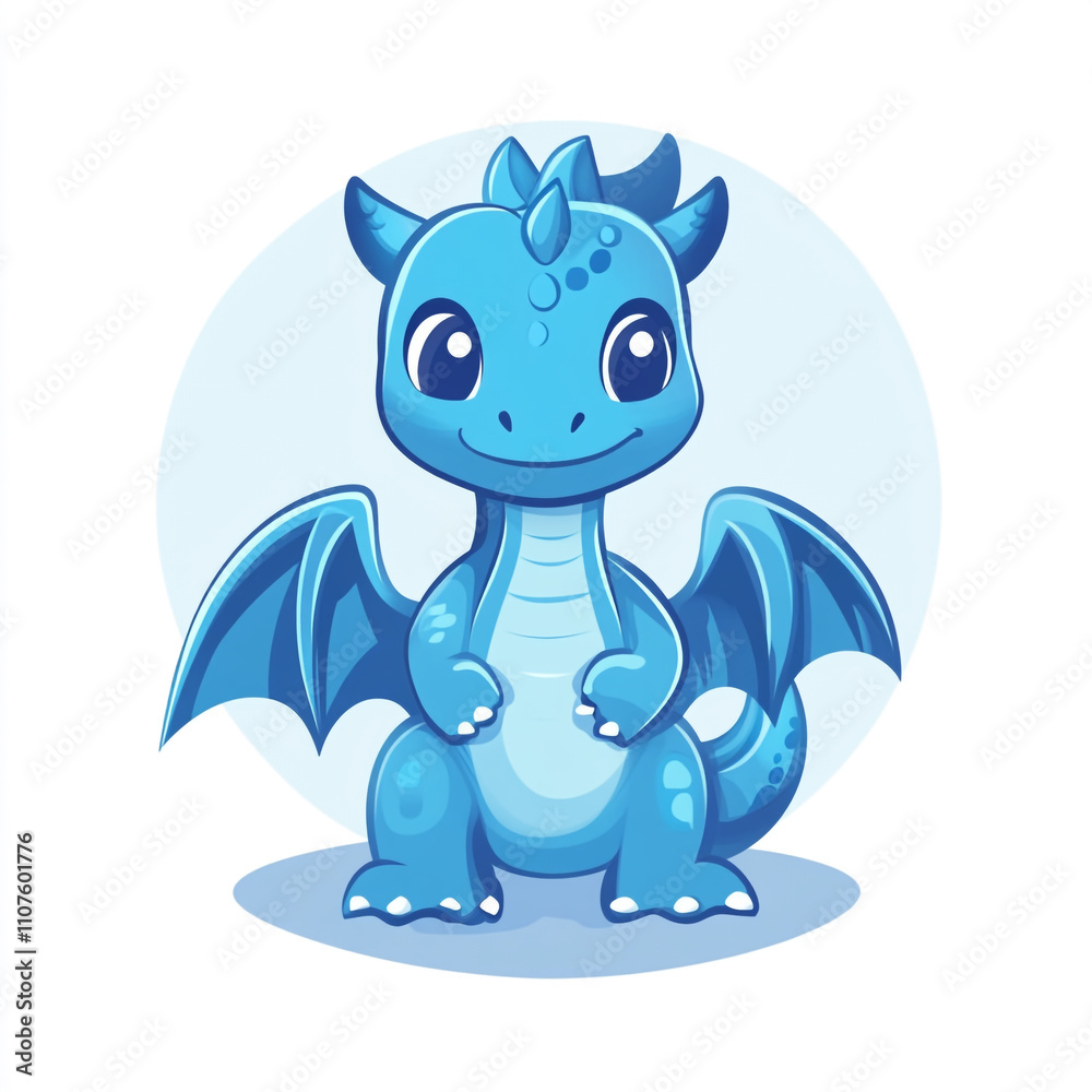 Fototapeta premium A cute cartoon dragon with wings and smiling face. 
