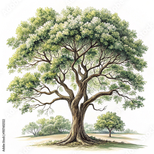 Tree, white background, nature, green leaves, trunk, branches, botanical, outdoor, fresh air, landscape, natural beauty, peaceful setting, eco-friendly, plant life, seasonal changes, wood texture.
