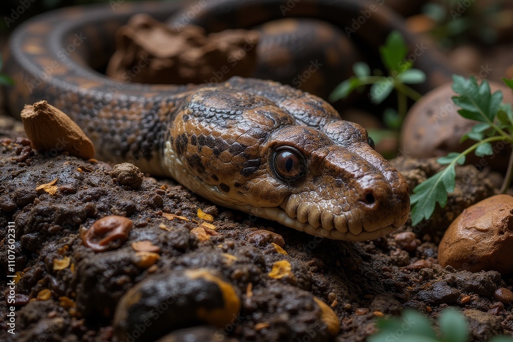 Obraz premium Detailed close-up of a brown and black snake resting on the ground among stones and greenery
