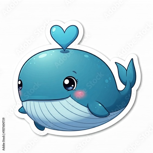 Chibi whale with a joyful face and a small heart floating above its head. Sticker style frame, plain white background.