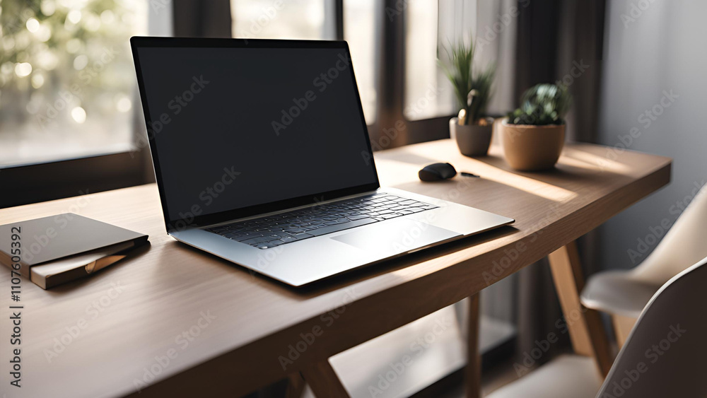 Fototapeta premium The laptop is shut, featuring a blank display. This acts as a mock-up for a computer screen