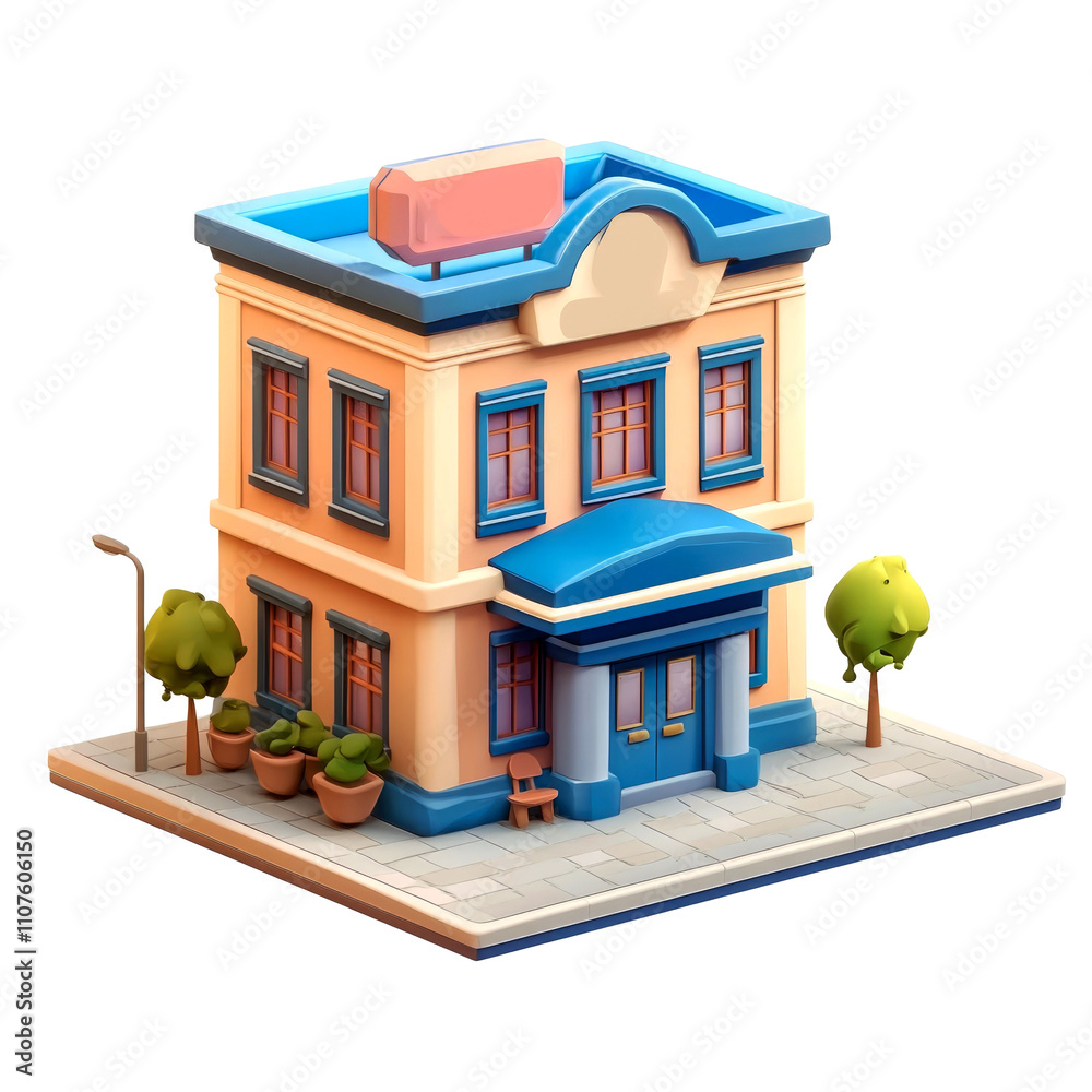 Obraz premium Cute cartoon building, two stories, peach and blue.