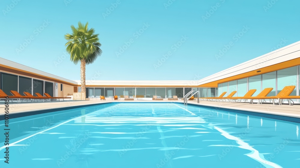 Fototapeta premium Minimalist 80s LA summer vibes with outdoor pool and palm tree