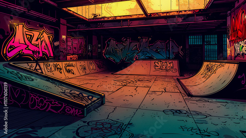 Urban Graffiti Skate Park in Vintage Anime Style: A skate park featuring urban graffiti depicted in a vintage anime or cartoon style.