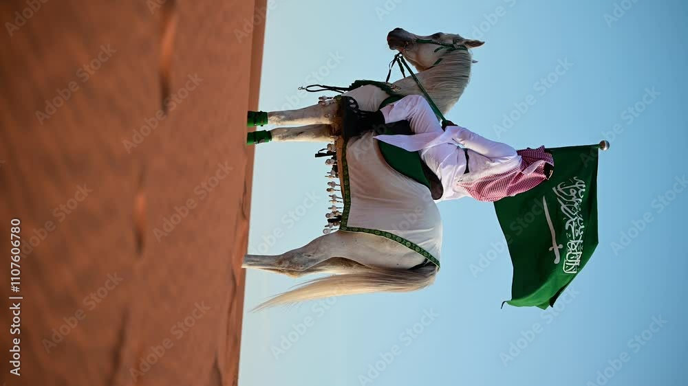 Saudi heritage in motion, a rider in traditional attire proudly waves ...