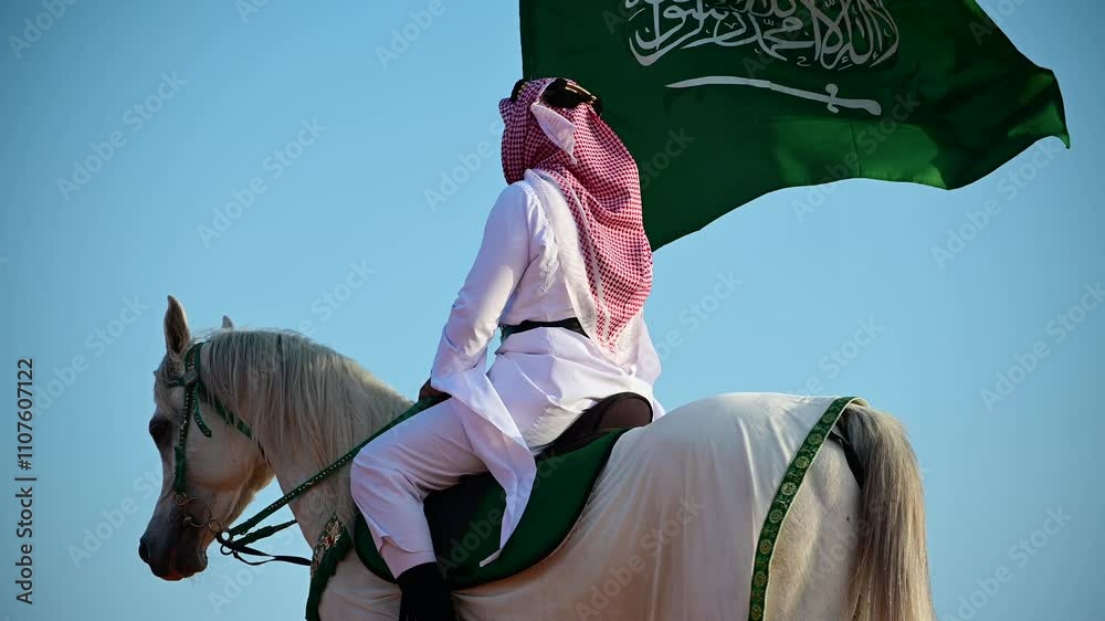 Saudi heritage in motion, a rider in traditional attire proudly waves ...