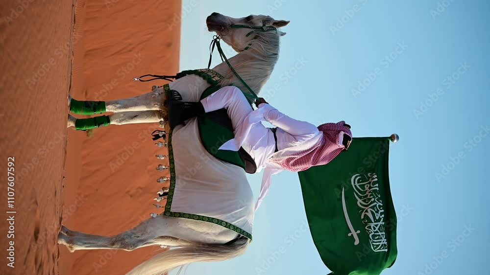 Saudi heritage in motion, a rider in traditional attire proudly waves ...