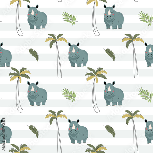 Seamless pattern with cute rhinoceros and palm trees. Childish jungle background. Tropical wallpaper.