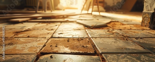 Damaged and broken floor tiles in a construction area