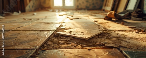 Damaged and broken floor tiles in a construction area