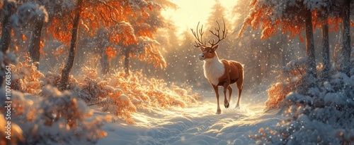 rudolph the rednosed reindeer prances through a winter forest surrounded by snowladen trees embodying the spirit of christmas with a touch of whimsy and magic in the crisp cool air photo