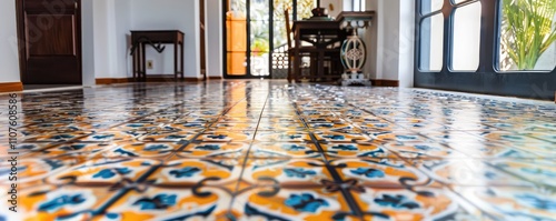 Ornate and colorful tiled hallway with open doors