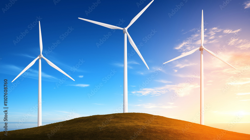 Obraz premium peak energy power load concept. Wind turbines on hill under clear blue sky at sunset