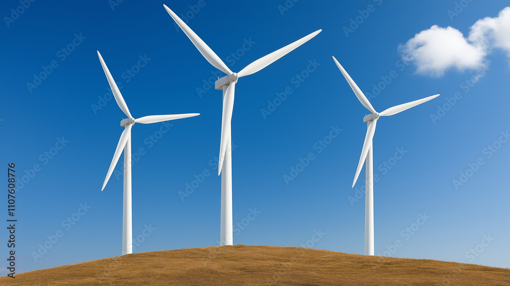 Fototapeta premium peak energy power load concept. Wind turbines spinning on hill under clear blue sky