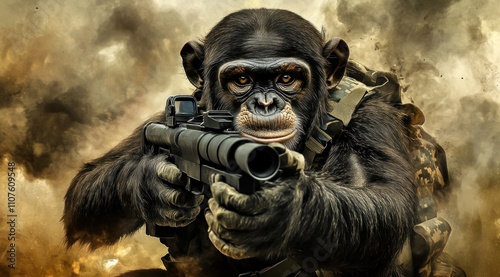 A monkey in tactical gear aims a firearm amidst a dramatic, smoky background. photo