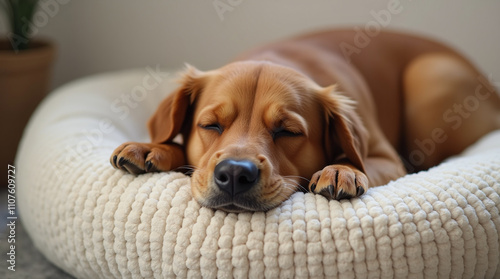 Cute Dog Puppy Resting Sleeping Napping on Bed or Cushion