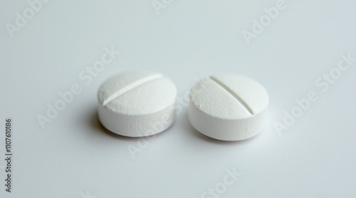 Two White Medication Tablets Close-up on Clean Background, Pharmacy Prescription, Painkillers