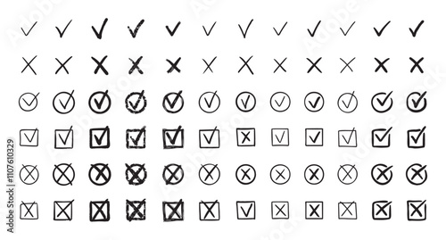 Check marks hand drawn doodle set. tick, cross signs for checkbox, checklist, v and x in sketch set.