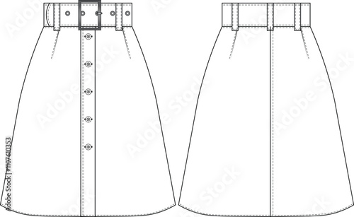 belted tailored darted buttoned short mini a line skirt  template technical drawing flat sketch cad mockup fashion woman design style model 
