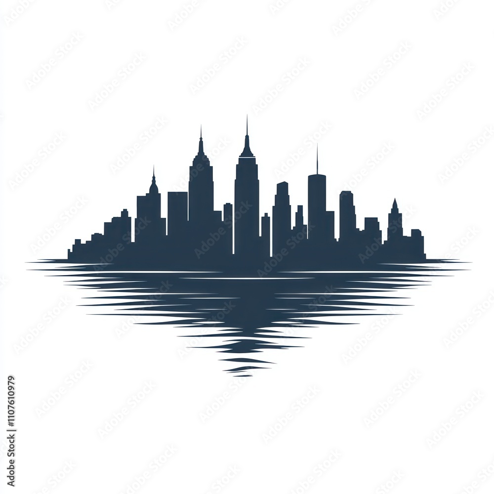 Fototapeta premium City skyline reflected in water, minimalist design.