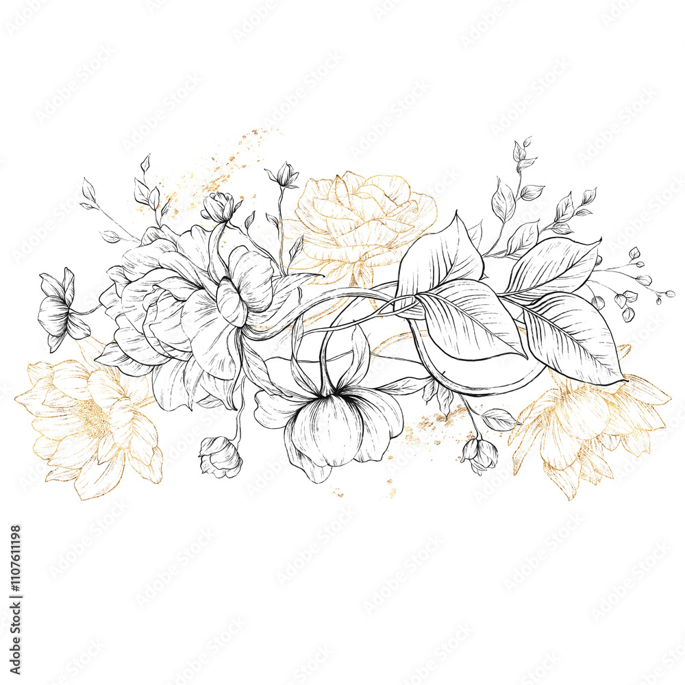 Φωτογραφία Monochrome and golden flowers, Line art, Bouquet of flowers, can be used as gree