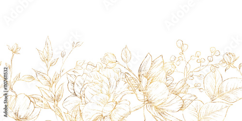 Golden flowers, line art, Floral border, Greeting card with flowers, can be used as invitation card for wedding, birthday and other holiday and summer background