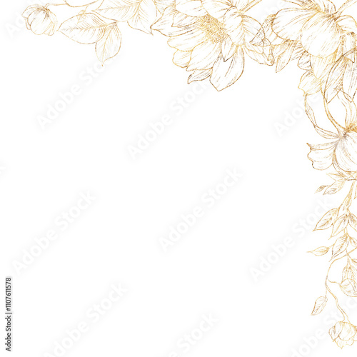Golden flowers, line art, Floral border, Greeting card with flowers, can be used as invitation card for wedding, birthday and other holiday and summer background