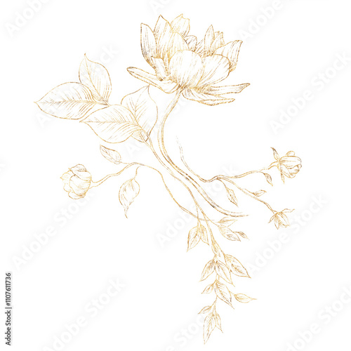 Golden flowers, Line art, Bouquet of flowers, can be used as greeting card, invitation card for wedding, birthday and other holiday and summer background