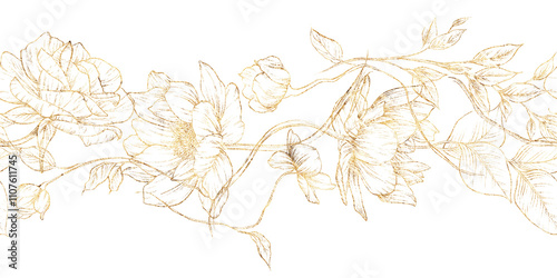Golden flowers, line art, Floral border, Greeting card with flowers, can be used as invitation card for wedding, birthday and other holiday and summer background