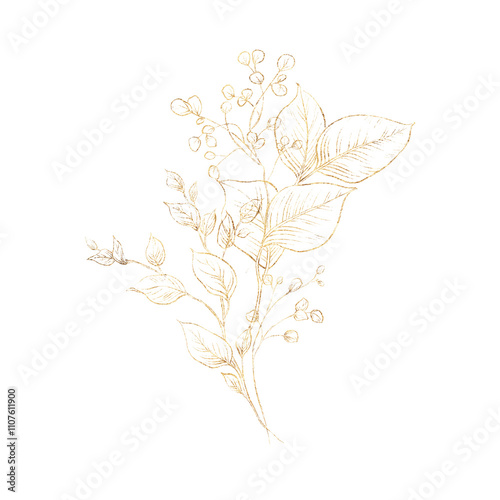 Golden flowers, Line art, Bouquet of flowers, can be used as greeting card, invitation card for wedding, birthday and other holiday and summer background