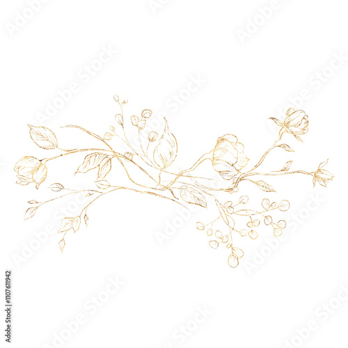 Golden flowers, Line art, Bouquet of flowers, can be used as greeting card, invitation card for wedding, birthday and other holiday and summer background