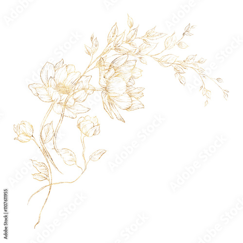 Golden flowers, Line art, Bouquet of flowers, can be used as greeting card, invitation card for wedding, birthday and other holiday and summer background