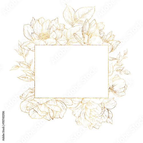 Golden flowers, line art, Greeting card with flowers, Floral frame, can be used as invitation card for wedding, birthday and other holiday and summer background